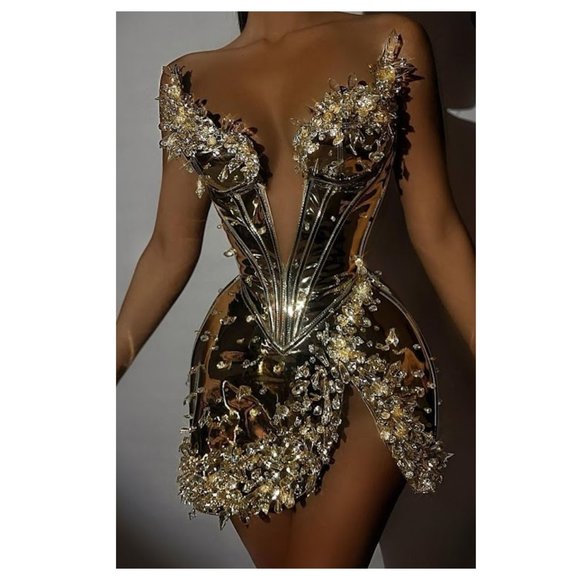 LENA BERISHA Metallic Gold Corset Couture Dress with Gemstone Detail - Picture 1 of 14